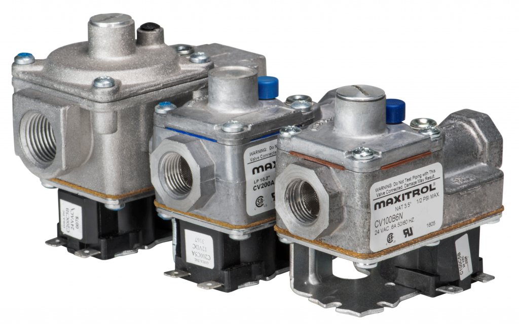 Image of Maxitrol's CV100, CV200, and CV300 Combination Gas Control Valves.